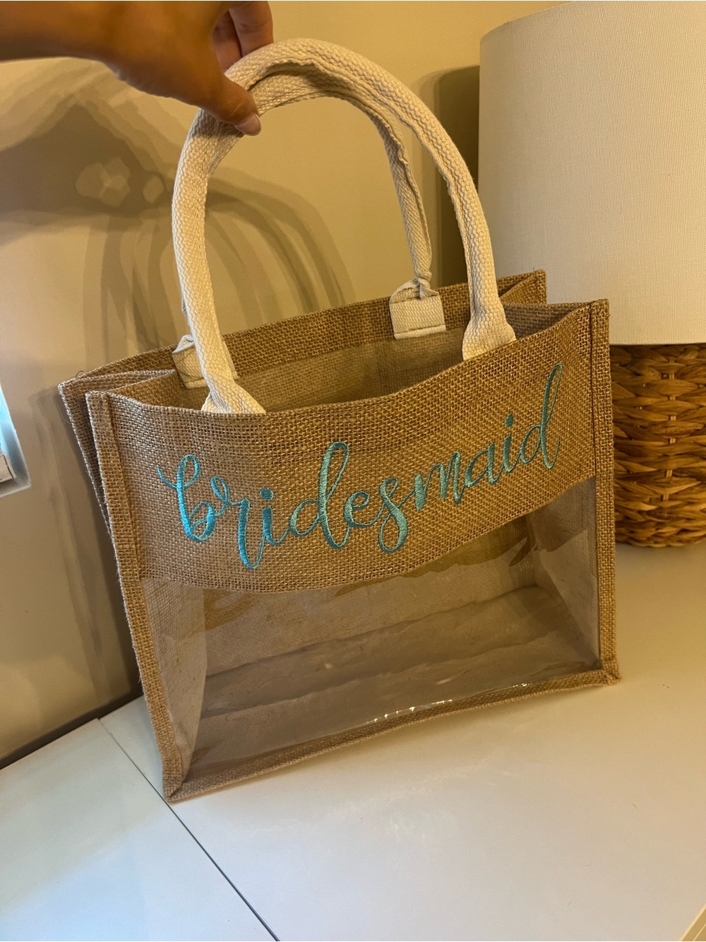 Bridesmaid Jute and Clear Tote Bag with White Handles